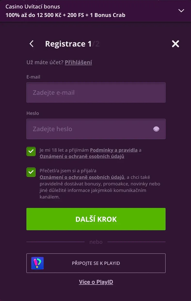Registrační formulář kasina Malina